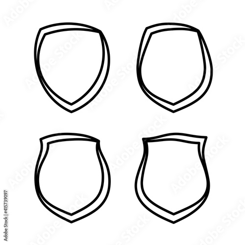 Protect guard shield plain line concept. Outline shield badge. Safety icon set. Privacy banner kit. Security label. Flat style protect sticker symbol shape. Safeguard simple sign linear pictogram