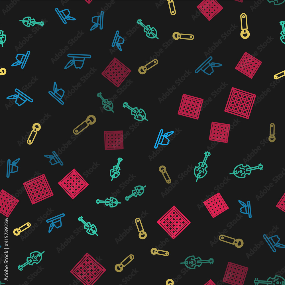 Set line Oktoberfest hat, Violin, Bottle opener and Checkered napkin on seamless pattern. Vector. Set line Oktoberfest hat, Violin, Bottle opener and Checkered napkin on seamless pattern. Vector.