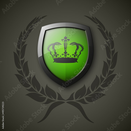 Protected wreath crown shield concept. Safety badge protection garland icon. Privacy corona banner shield. Security label Defense tag. Crown sticker shield. Defense safeguard sign. wreath badge