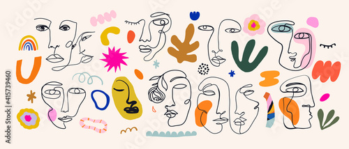 Trendy vector set of various faces illustrations in minimal continuous line style. Hand drawn vector fashionable collection.