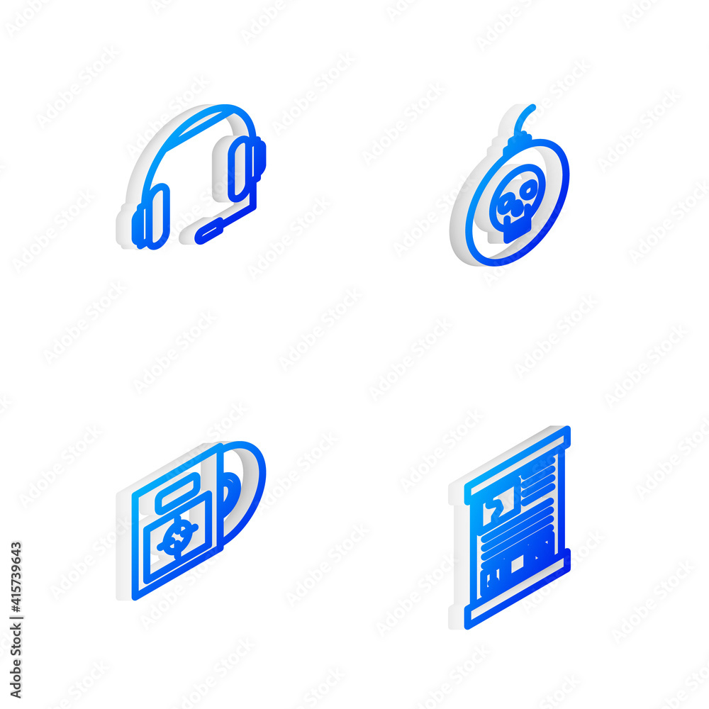 Set Isometric line Bomb ready to explode, Headphones, CD or DVD disk in box and Game guide icon. Vector. Set Isometric line Bomb ready to explode, Headphones, CD or DVD disk in box and Game guide icon. Vector.