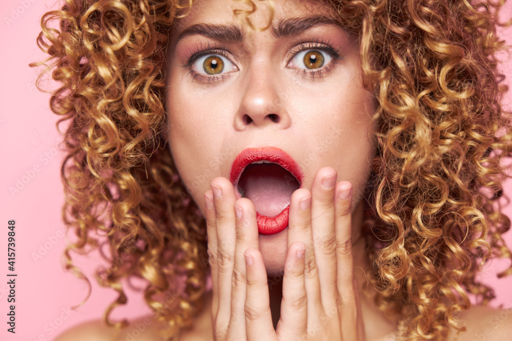 Beautiful girl Mouth wide open short hairstyle isolated background Beautiful girl Mouth wide open short hairstyle isolated background