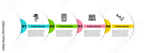 Set line Automatic irrigation sprinklers, Smart farming technology, and Chicken and camera. Business infographic template. Vector.