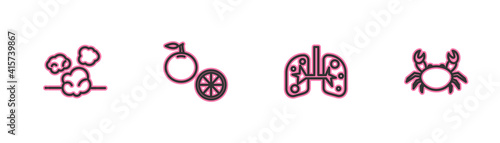 Set line Dust, Lungs, Orange fruit and Crab icon. Vector.
