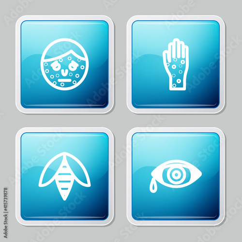 Set line Face with psoriasis or eczema, Hand, Bee and Reddish eye allergic conjunctivitis icon. Vector.