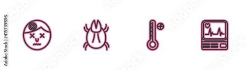 Set line Man having headache, Medical digital thermometer, Parasite mite and Monitor with cardiogram icon. Vector.