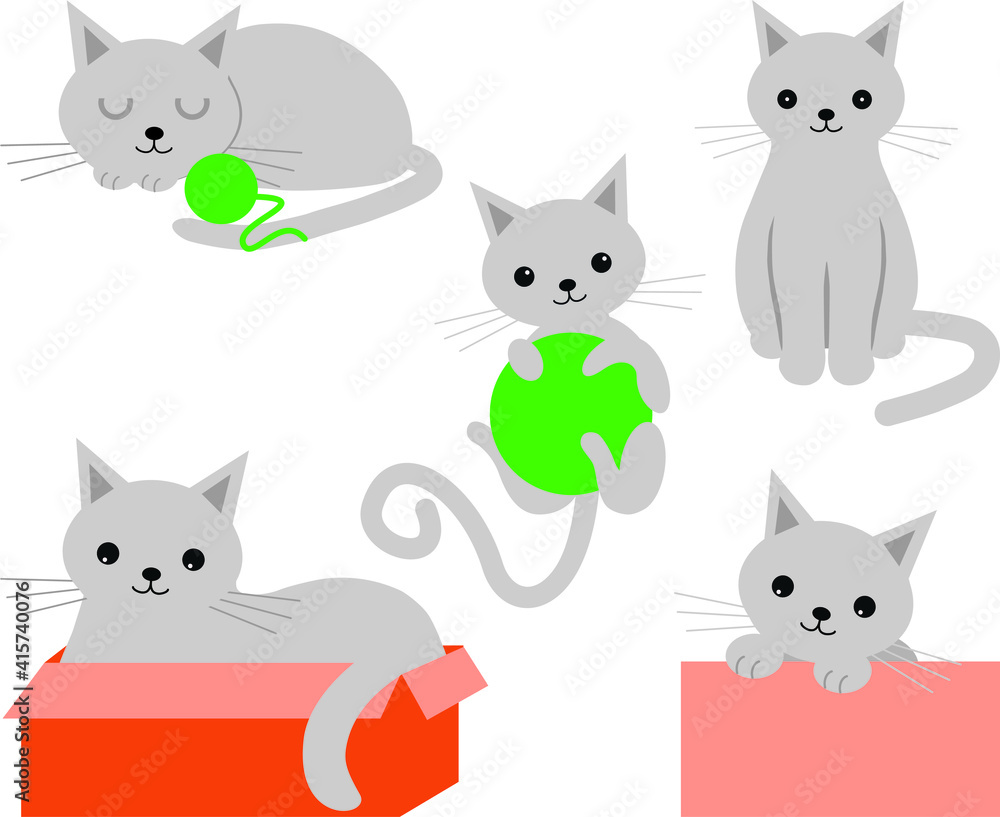 A set of gray cute cats with different poses and emotions. Vector illustration isolated on white background.