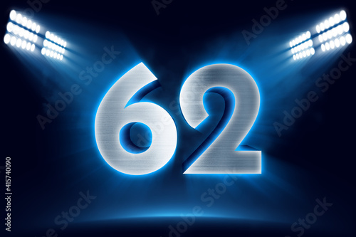 Number 62 background, 3D 62 object made of metal, illuminated with floodlights