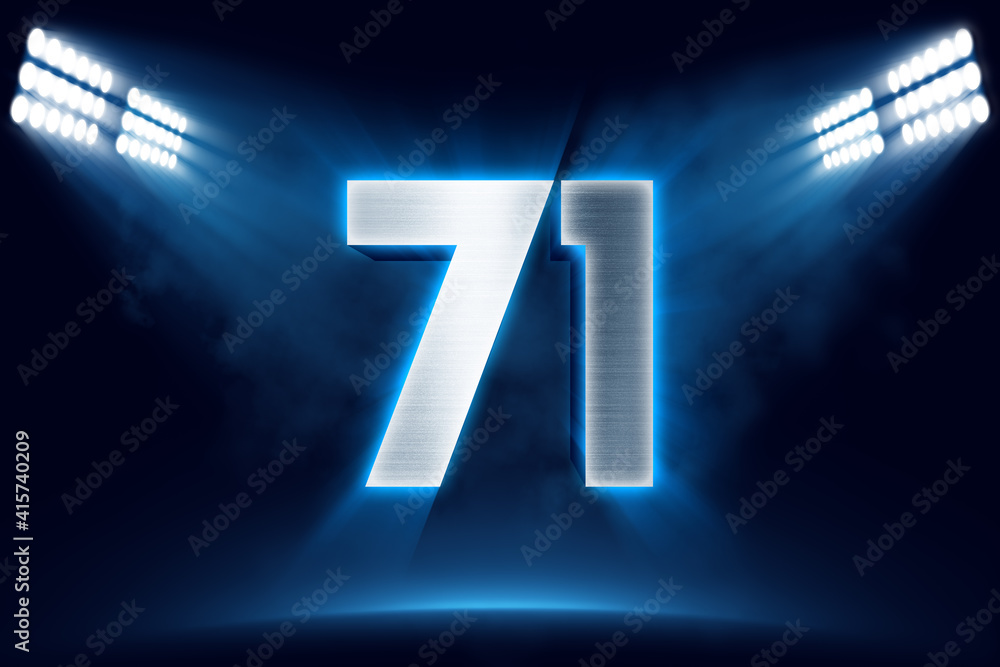 Number 71 background, 3D 71 object made of metal, illuminated with ...