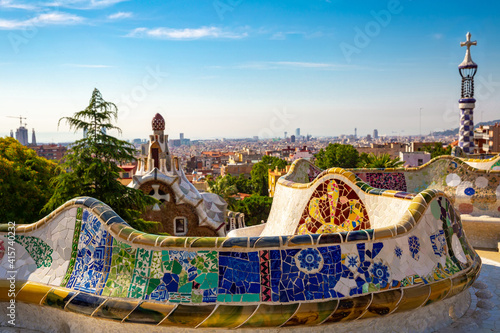 Guell Park by architect Gaudi on summer day in Barcelona, Spain.HDR image