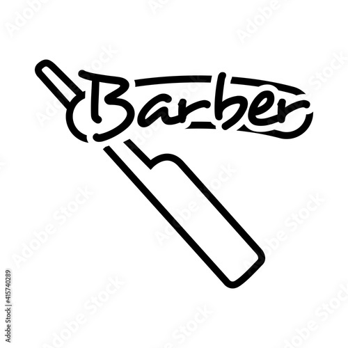 Logotipo con texto manuscrito Barber escrito a mano con navaja de afeitar con lineas en color negro