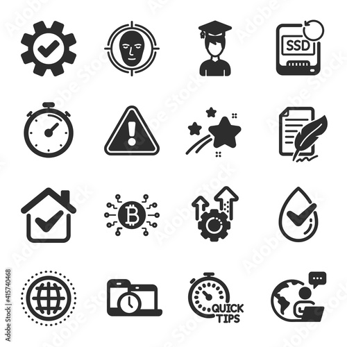 Set of Science icons, such as Timer, Quick tips, Bitcoin system symbols. Feather signature, Student, Recovery ssd signs. Seo gear, Dermatologically tested, Time management. Face detect. Vector