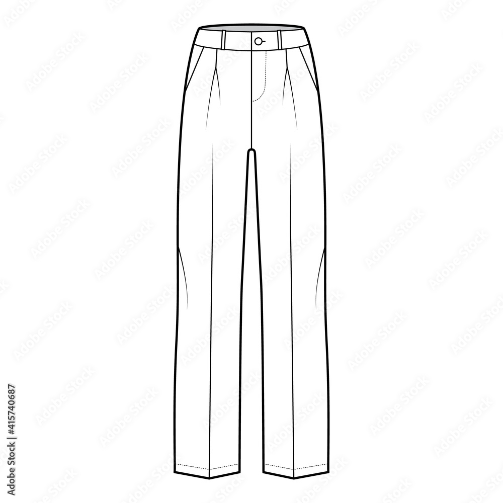 Pants tailored technical fashion illustration with low waist, rise, slant slashed flap pockets, single pleat, belt loops. Flat casual bottom trousers front, white color. Women men unisex CAD mockup Pants tailored technical fashion illustration with low waist, rise, slant slashed flap pockets, single pleat, belt loops. Flat casual bottom trousers front, white color. Women men unisex CAD mockup