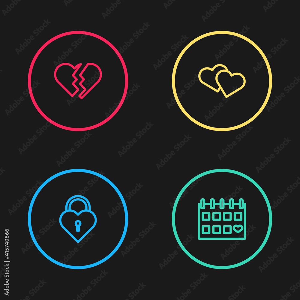 Set line Castle in the shape of heart, Calendar with, Heart and Broken icon. Vector.
