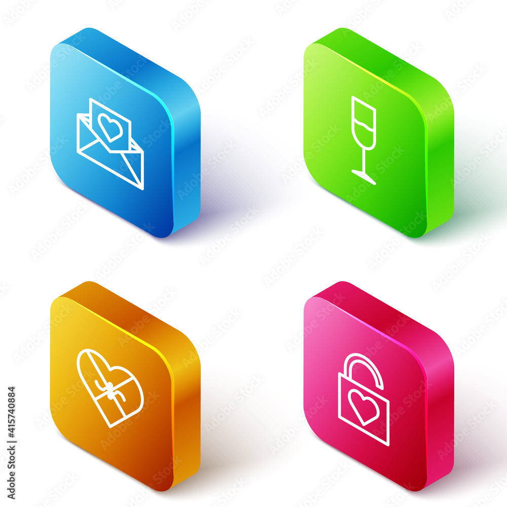 Set Isometric line Envelope with Valentine heart, Wine glass, Candy shaped box and Lock icon. Vector. Set Isometric line Envelope with Valentine heart, Wine glass, Candy shaped box and Lock icon. Vector.