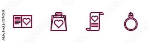 Set line Valentines day flyer with heart, Envelope, Shopping bag and Diamond engagement ring icon. Vector.