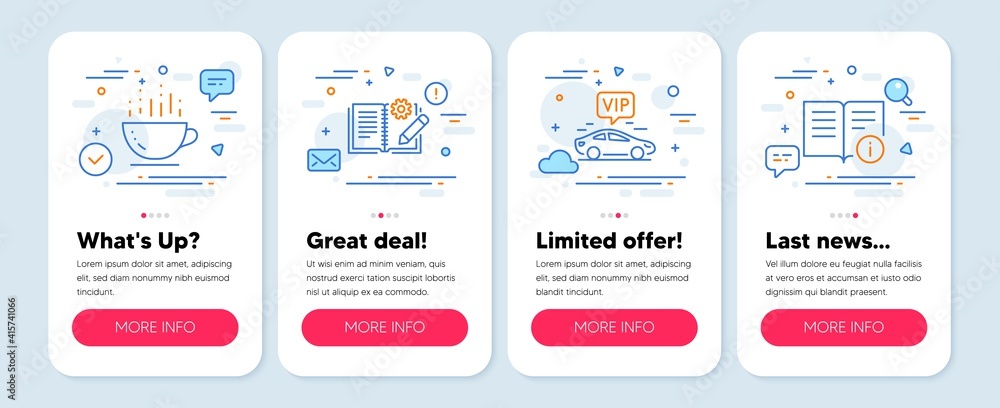 Set of Business icons, such as Engineering documentation, Vip transfer, Coffee cup symbols. Mobile screen app banners. Technical info line icons. Manual, Exclusive transportation, Hot drink. Vector