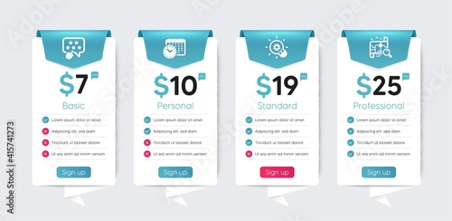 Included icon as Innovation, Search map, Ranking star signs. Price table template, business plan chart. Technology icons set. Calendar time flat icons. Light bulb, Find address, Click rank. Vector