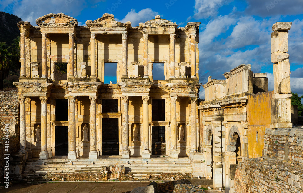 Ruins of Celsius Library and gate of Augustus in Ephesus in ancient city Ephesus. Turkey