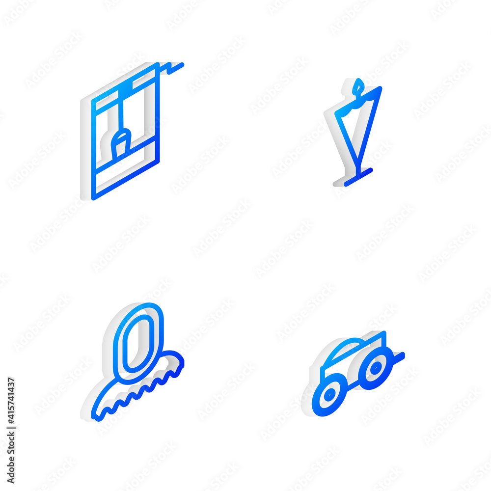 Set Isometric line Medieval flag, Well with bucket, hood and Wooden four-wheel cart icon. Vector. Set Isometric line Medieval flag, Well with bucket, hood and Wooden four-wheel cart icon. Vector.
