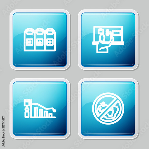 Set line Trash in garbage cans sorted, Stop plastic pollution, Ecology infographic and No trash icon. Vector.