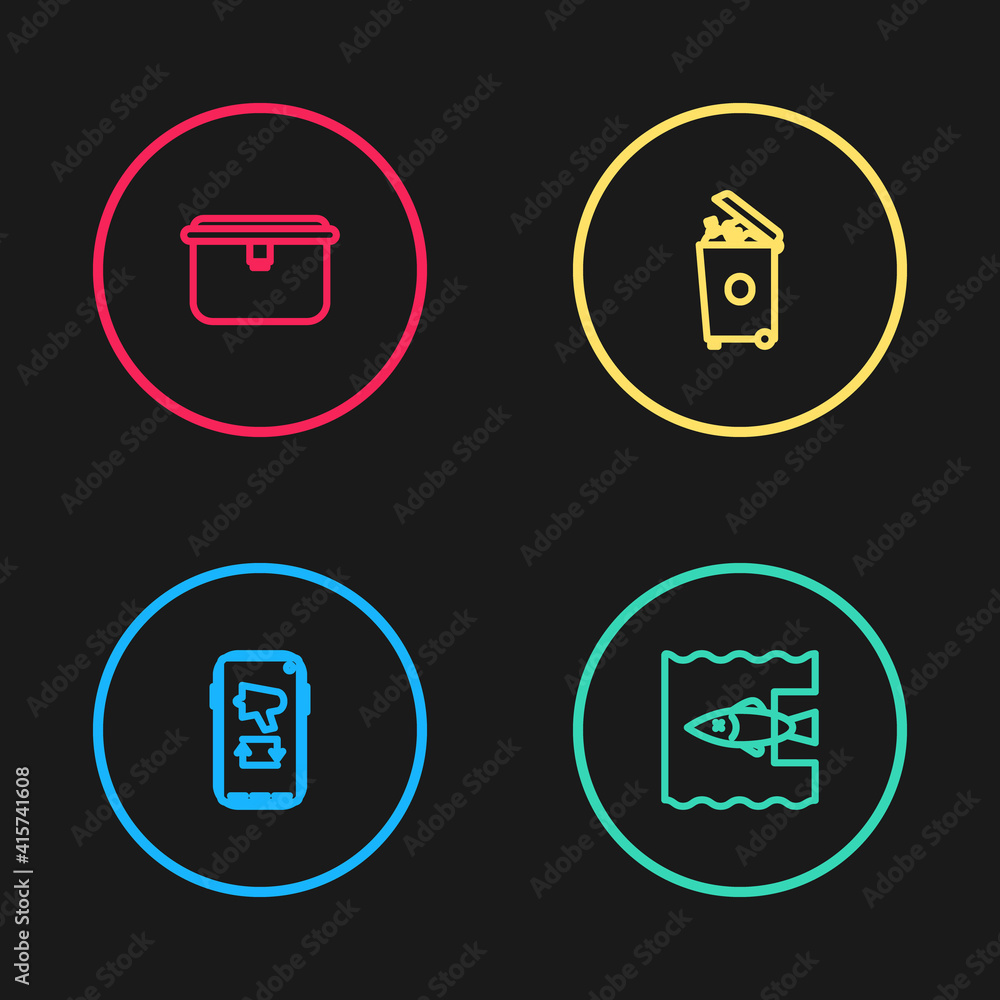 Set line Megaphone on mobile, Stop ocean plastic pollution, Trash can and Lunch box icon. Vector. Set line Megaphone on mobile, Stop ocean plastic pollution, Trash can and Lunch box icon. Vector.