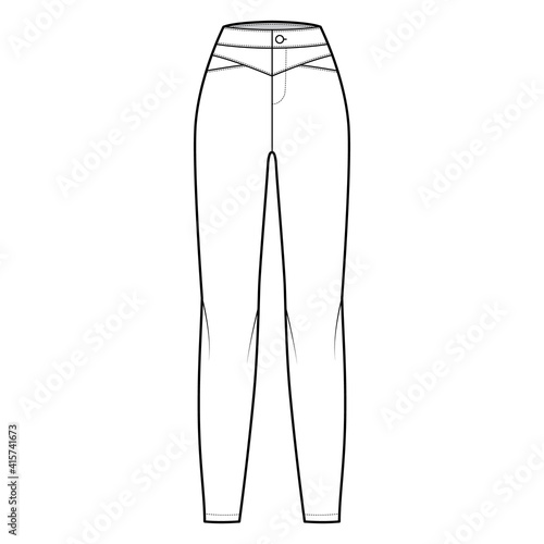 Yoked pants technical fashion illustration with normal waist, high rise, full length, fitted body. Flat casual bottom trousers apparel template front, white color. Women men unisex CAD mockup