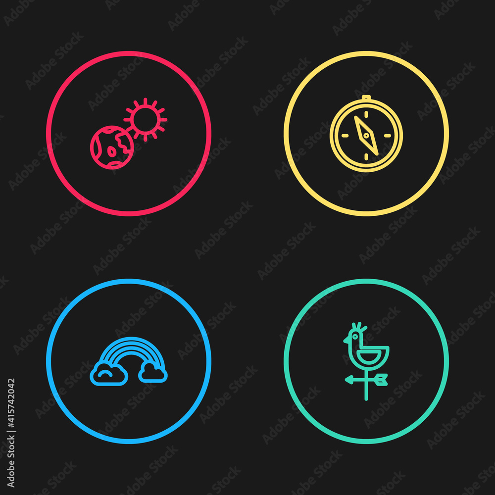 Set line Rainbow with clouds, Rooster weather vane, Compass and Earth globe and sun icon. Vector. Set line Rainbow with clouds, Rooster weather vane, Compass and Earth globe and sun icon. Vector.