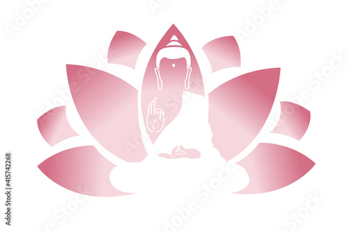 Pink Lotus and Lord Buddha. Symbol of buddha. Vesak day greeting background with Buddha and lotus flower. Yoga, spirituality. Vector Buddha silhouette for spa logo