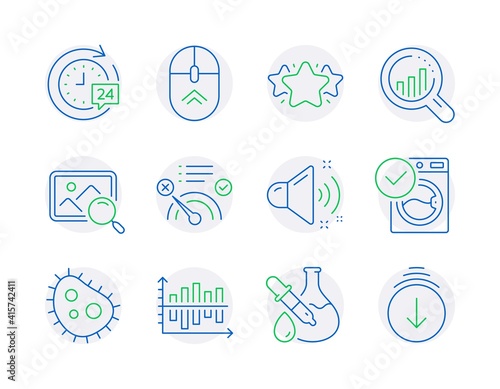 Technology icons set. Included icon as 24h delivery, Search photo, Diagram chart signs. Loud sound, Bacteria, Washing machine symbols. Chemistry experiment, No internet, Seo analysis. Star. Vector
