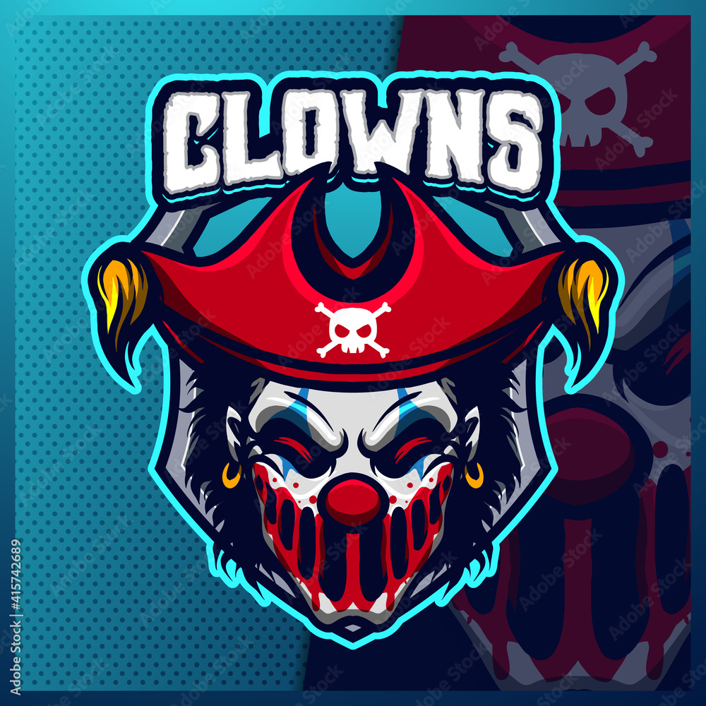Naklejka premium Clown Pirates mascot esport logo design illustrations vector template, Joker logo for team game streamer youtuber banner twitch discord