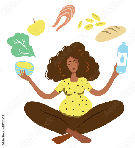 Pregnant woman Healthy food and Sport . cartoon Vector illustration