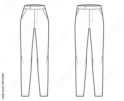 Set of cigarette Pants technical fashion illustration with extended normal low waist, high rise, full length, slant slashed pockets. Flat trousers template front, white color. Women men CAD mockup
