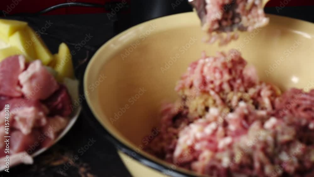 Cooking minced meat in an electric meat grinder from fresh meat at home Cooking minced meat in an electric meat grinder from fresh meat at home