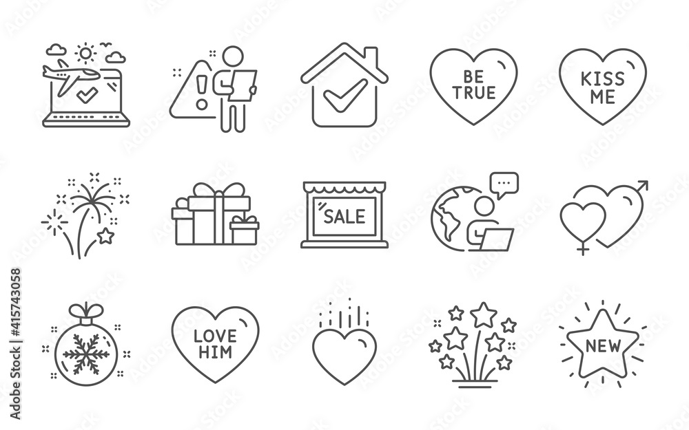 Be true, Holiday presents and Kiss me line icons set. Airplane travel, Heart and Love him signs. Male female, Fireworks and New star symbols. Sale, Christmas ball and Fireworks stars. Vector