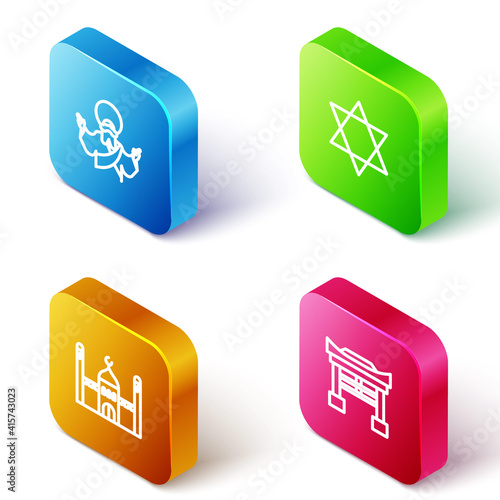 Set Isometric line Jesus Christ, Star of David, Muslim Mosque and Japan Gate icon. Vector.