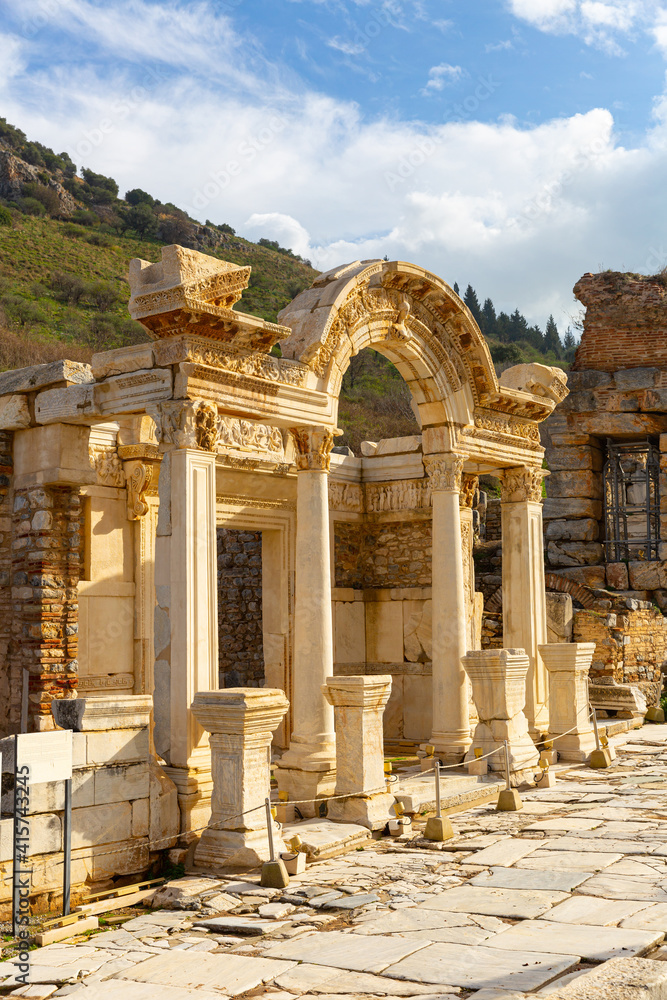 Remains of antique temple dedicated to Emperor Hadrian in Ephesus, Izmir province, Turkey