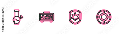 Set line Glass bong for smoking marijuana, Shield and leaf, Digital alarm clock and Ashtray icon. Vector.