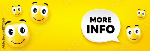 More info symbol. Smile face with speech bubble. Navigation sign. Read description. Smile character. More info speech bubble icon. Yellow face background. Vector