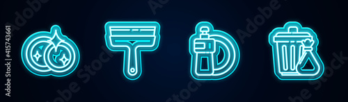 Set line Washing dishes, Rubber cleaner for windows, Dishwashing liquid bottle and plate and Trash can garbage bag. Glowing neon icon. Vector.
