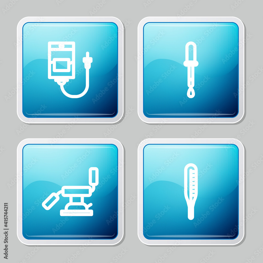 Set line IV bag, Pipette, Medical dental chair and thermometer icon. Vector. Set line IV bag, Pipette, Medical dental chair and thermometer icon. Vector.