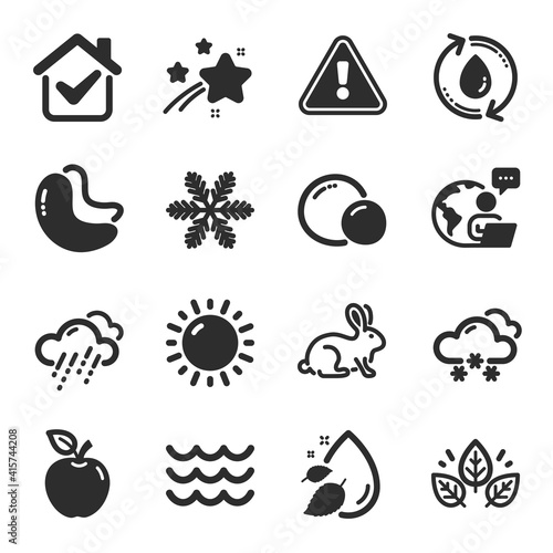Set of Nature icons, such as Water drop, Apple, Snowflake symbols. Sunny weather, Waves, Rainy weather signs. Animal tested, Organic tested, Peas. Cashew nut, Refill water flat icons. Vector