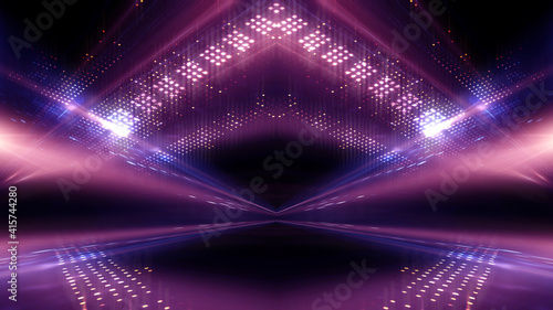 Abstract modern purple neon background. Futuristic rays and moon. Dark LED stage with geometric patterns. Symmetrical reflection, noeon light. 