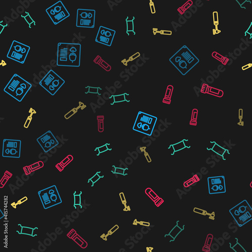 Set line X-ray shots, Medical protective mask, otoscope tool and Test tube with blood on seamless pattern. Vector.