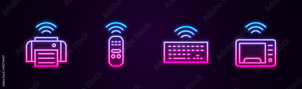 Set line Smart printer, remote control, Wireless keyboard and microwave oven. Glowing neon icon. Vector. Set line Smart printer, remote control, Wireless keyboard and microwave oven. Glowing neon icon. Vector.