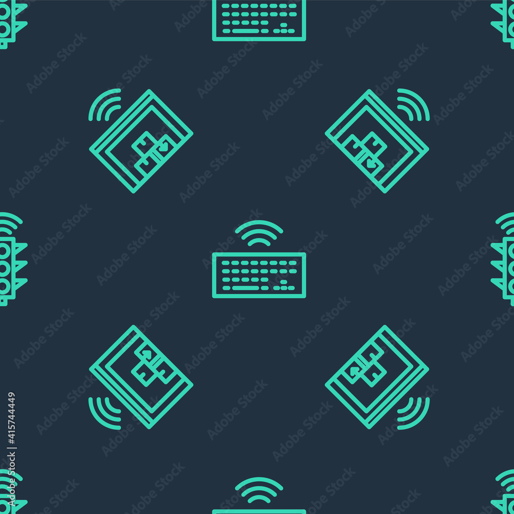 Set line Wireless keyboard, Smart warehouse and traffic light on seamless pattern. Vector. Set line Wireless keyboard, Smart warehouse and traffic light on seamless pattern. Vector.