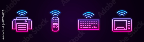 Set line Smart printer, remote control, Wireless keyboard and microwave oven. Glowing neon icon. Vector.
