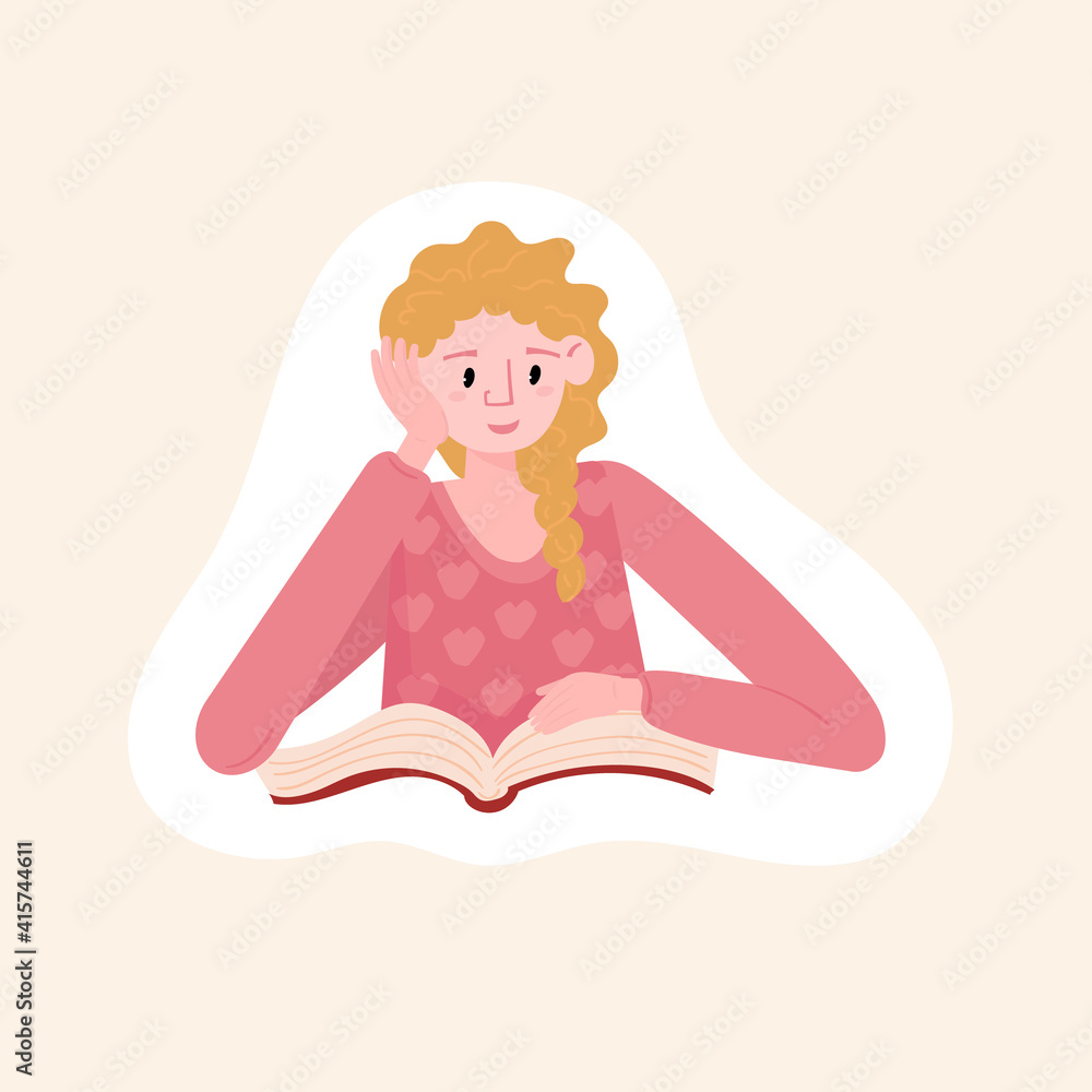 Woman is reading book. Sticker of girl studying. Female reader with novel. Student hold book. Distance learning and self education concept. Woman is reading book. Sticker of girl studying. Female reader with novel. Student hold book. Distance learning and self education concept.