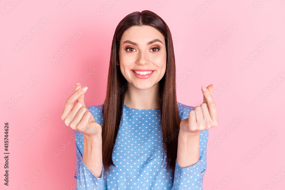 Photo of young beautiful charming pretty positive good mood smiling girl asking money isolated on pink color background Photo of young beautiful charming pretty positive good mood smiling girl asking money isolated on pink color background