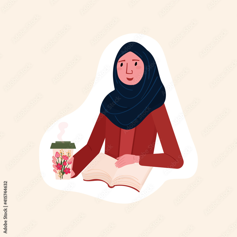 Sticker of young woman in scarf with book. Student studying with textbook. Distance education concept. Female Reader hold cup with coffee. Person prepares to exams.
